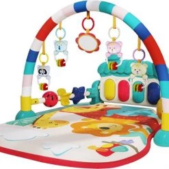Buxibo - Baby Gym Safari Dieren - Speelkleed Met Speeltjes En Piano - Speelmat Met 4 Speeldieren & Spiegel - Interactief - Met Boog - Multikleur -babygyms Winkel 550x446