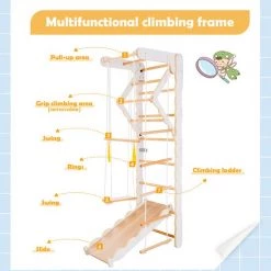 YJZQ Peuterspeelset Binnenspeeltuin Jungle Gym Set- Hout 6-in-1 Multifunctionele Klimrekken/muurbeugels/Ladderklimmer/ Glijbaan/schommel/optrekgedeelte/ Ringen-Rotsklimmen Voor Kinderen Draagvermogen 50kg -babygyms Winkel 550x550 67