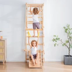 YJZQ Peuterspeelset Binnenspeeltuin Jungle Gym Set- Hout 6-in-1 Multifunctionele Klimrekken/muurbeugels/Ladderklimmer/ Glijbaan/schommel/optrekgedeelte/ Ringen-Rotsklimmen Voor Kinderen Draagvermogen 50kg -babygyms Winkel 550x550 71