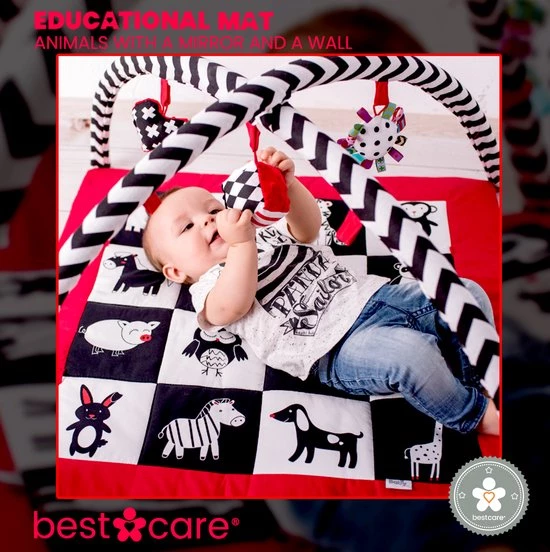 BabySenses For BestCare Contrasterende Educatieve Premium Babymat - Dieren, Spiegel, Wand | Rood-Zwart-Wit | 77x77x40cm | + 0m | Montessori Speelgoed | Mat Met Speelgoed | 100% Katoen | Wasbaar In De Wasmachine | Oeko Tex Standaard 100 3 BabySenses For BestCare Contrasterende Educatieve Premium Babymat - Dieren, Spiegel, Wand | Rood-Zwart-Wit | 77x77x40cm | + 0m | Montessori Speelgoed | Mat Met Speelgoed | 100% Katoen | Wasbaar In De Wasmachine | Oeko Tex Standaard 100 - Afbeelding 3