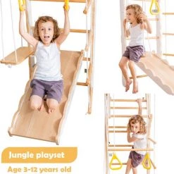 YJZQ Peuterspeelset Binnenspeeltuin Jungle Gym Set- Hout 6-in-1 Multifunctionele Klimrekken/muurbeugels/Ladderklimmer/ Glijbaan/schommel/optrekgedeelte/ Ringen-Rotsklimmen Voor Kinderen Draagvermogen 50kg -babygyms Winkel 550x560
