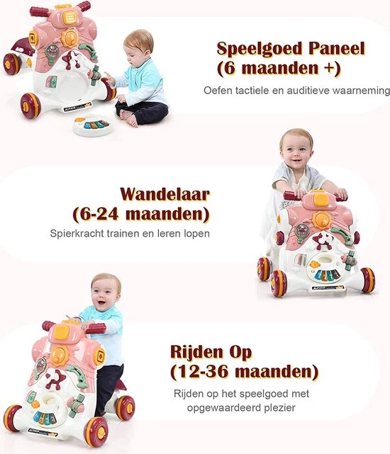 FURNIBELLA - 3-in-1 Baby Zit-naar-Stand Loper, Kinderen Activiteitencentrum, Peuter Wandelwagen, Autorijden, Interactieve Loper, Activiteit Leren Loper Voor Jongen / Meisje, Vroege Ontwikkeling Speelgoed Voor Baby's Op 6-36 Maanden (Roze) 4 FURNIBELLA - 3-in-1 Baby Zit-naar-Stand Loper, Kinderen Activiteitencentrum, Peuter Wandelwagen, Autorijden, Interactieve Loper, Activiteit Leren Loper Voor Jongen / Meisje, Vroege Ontwikkeling Speelgoed Voor Baby's Op 6-36 Maanden (Roze) - Afbeelding 4